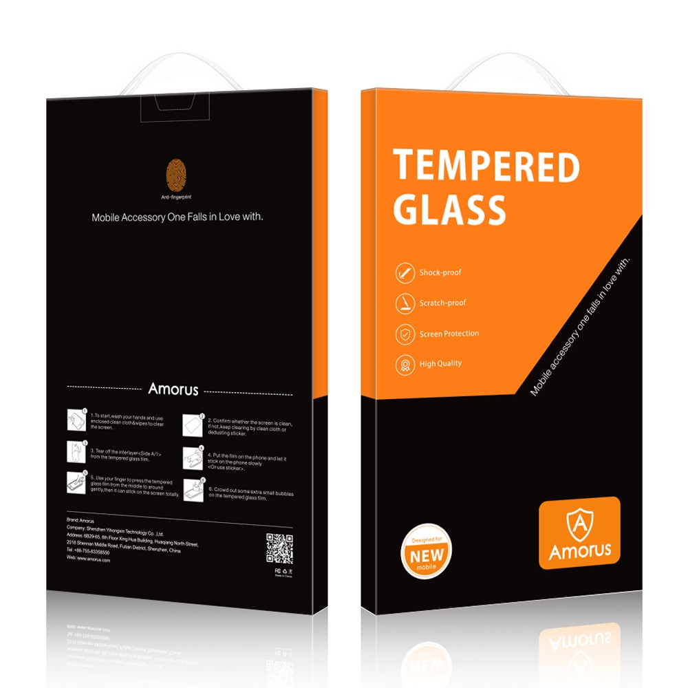 Emballage Amorus Tempered Glass. Boîte noire montre les étapes d'installation. Boîte orange liste les caractéristiques.