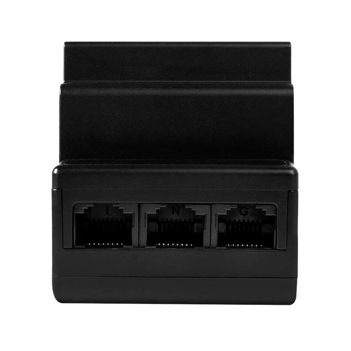 Czarny rozdzielacz sieciowy z trzema portami Ethernet.