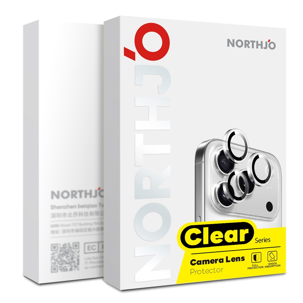 Emballage de protecteur d'objectif de caméra Northjo montrant un objectif de caméra de téléphone.
