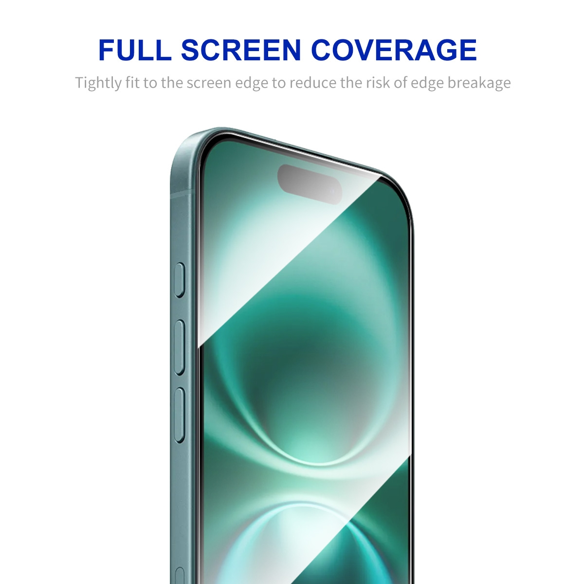 Ein Smartphone mit voller Bildschirmabdeckung in Türkis, zeigt das Display.