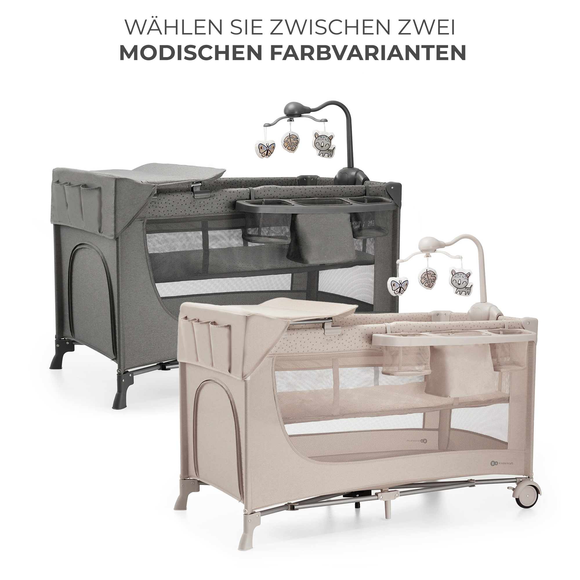 Zwei Reisebetten: eins in Grau, eins in Beige, mit Spieluhr und Zubehörtaschen.