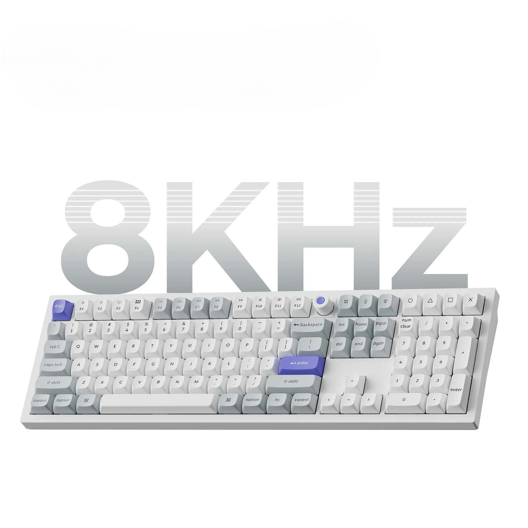 Biała klawiatura z dużym, szarym napisem „8KHz“ nad nią.