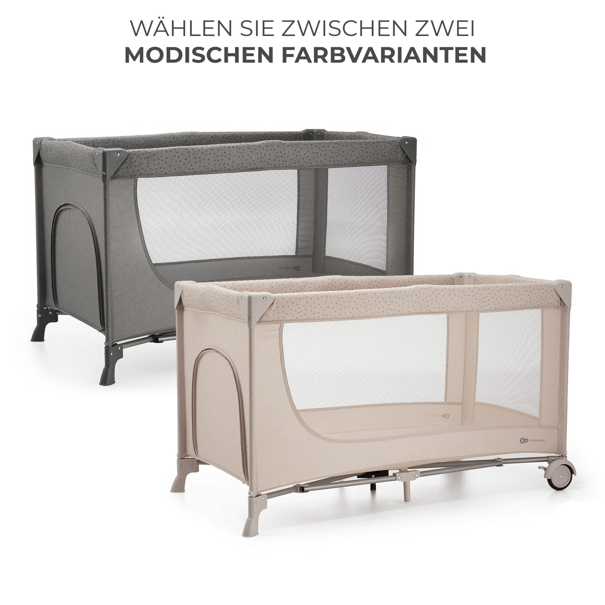 Zwei Reisebetten, eins grau und eins beige, mit Netzseiten und gestreiftem Rand.