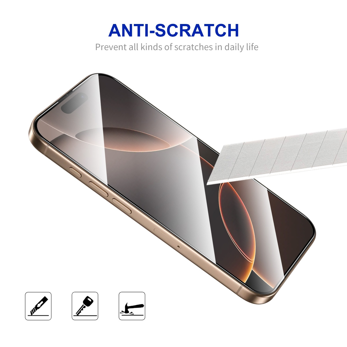 Un smartphone avec protecteur d'écran, résistant à une coupure de cutter.