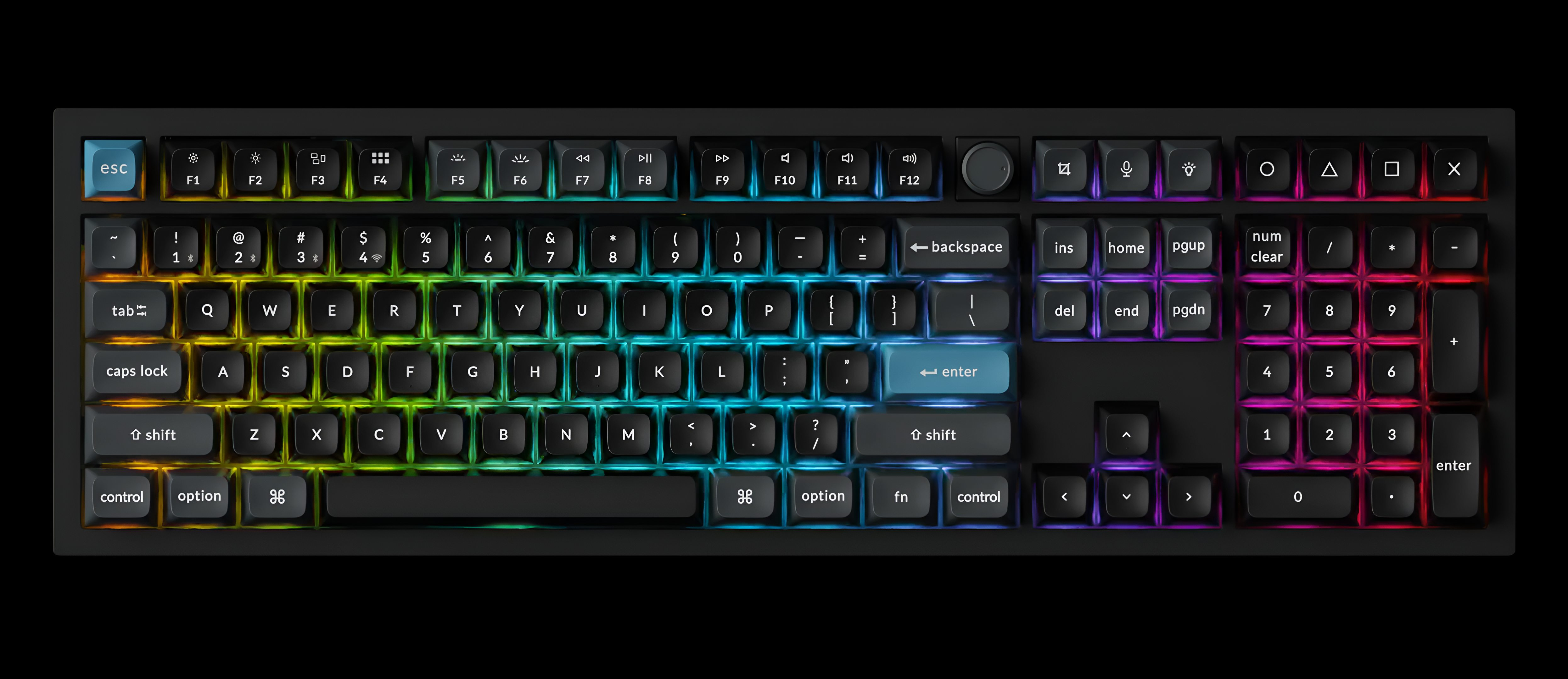 Czarna klawiatura mechaniczna z oświetleniem RGB na klawiszach, na czarnym tle.