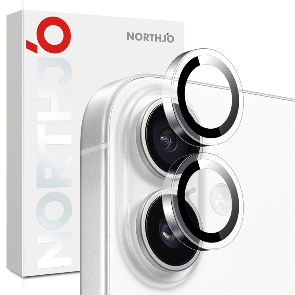 Deux protecteurs d'objectifs transparents avec bords noirs sur une caméra de smartphone blanche.