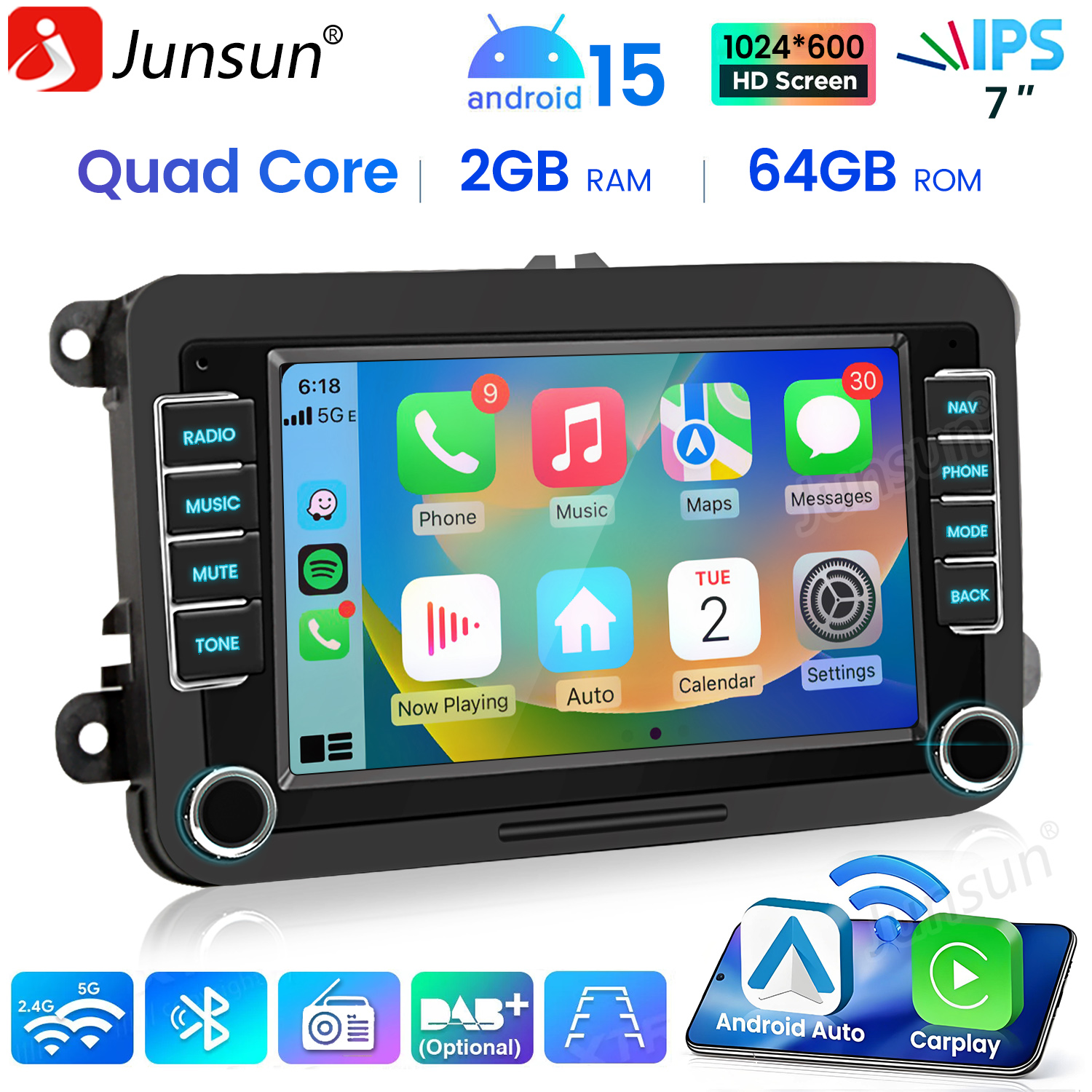 Junsun Autoradio mit 7-Zoll-HD-Bildschirm, Android 15, Quad Core, 2 GB RAM.