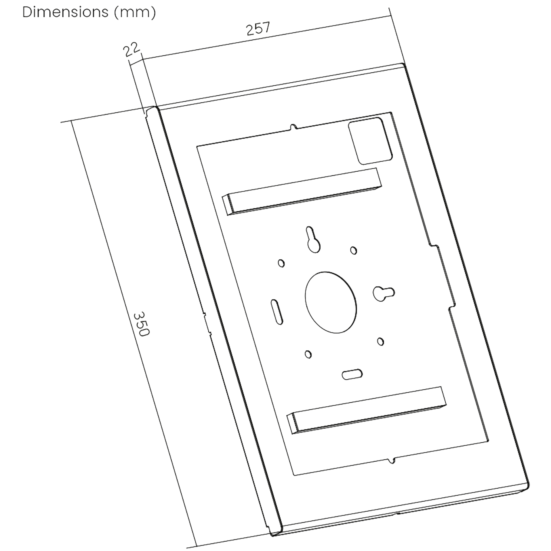 Dessin technique d'une plaque de montage de 350x257x22 mm.