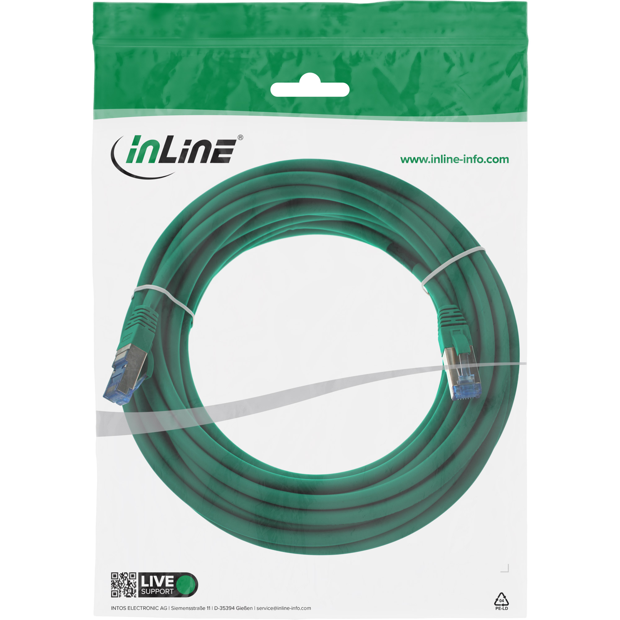 Câble réseau vert dans emballage avec logo et site web.