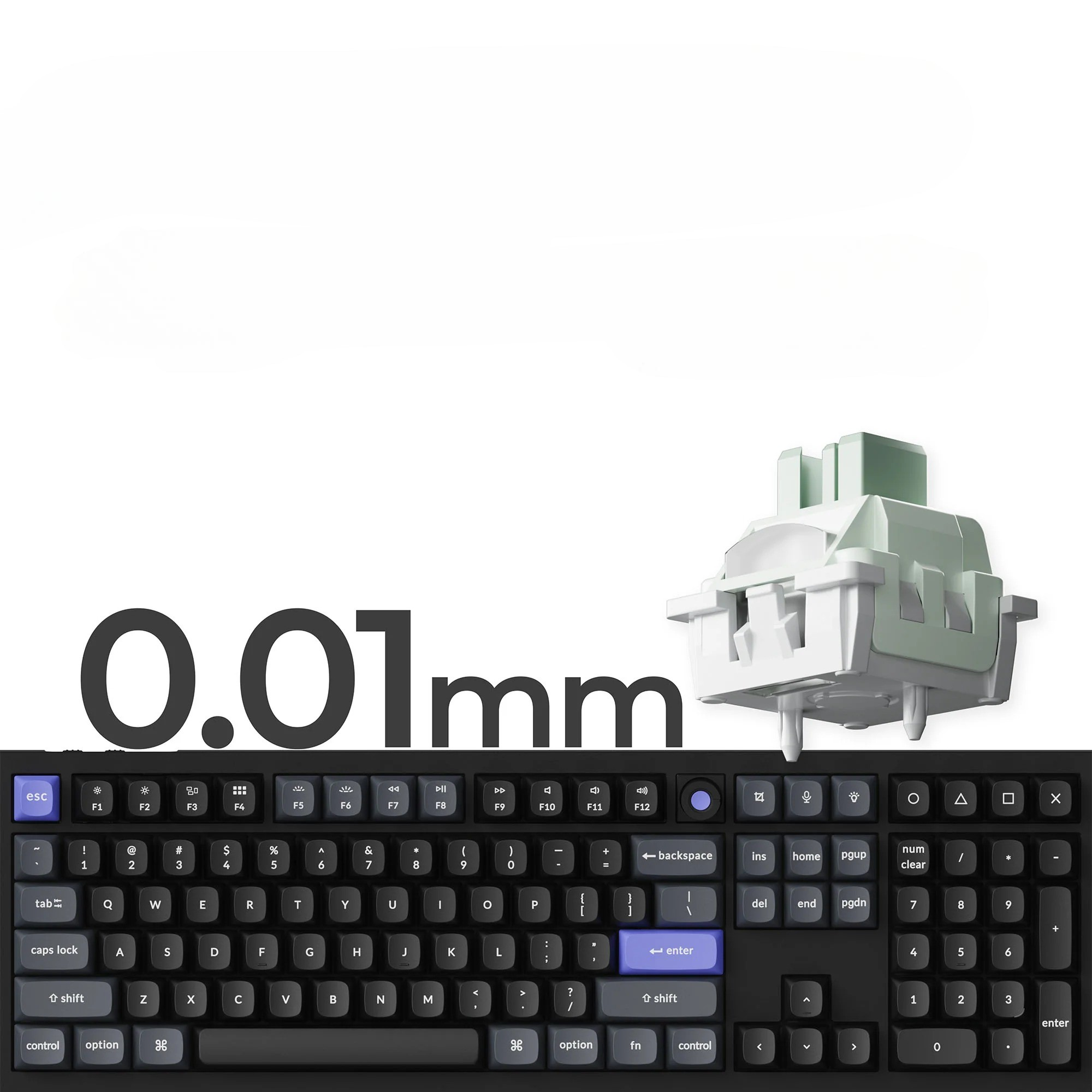 Mechaniczny przełącznik klawiatury i czarna klawiatura z tekstem '0,01 mm'.