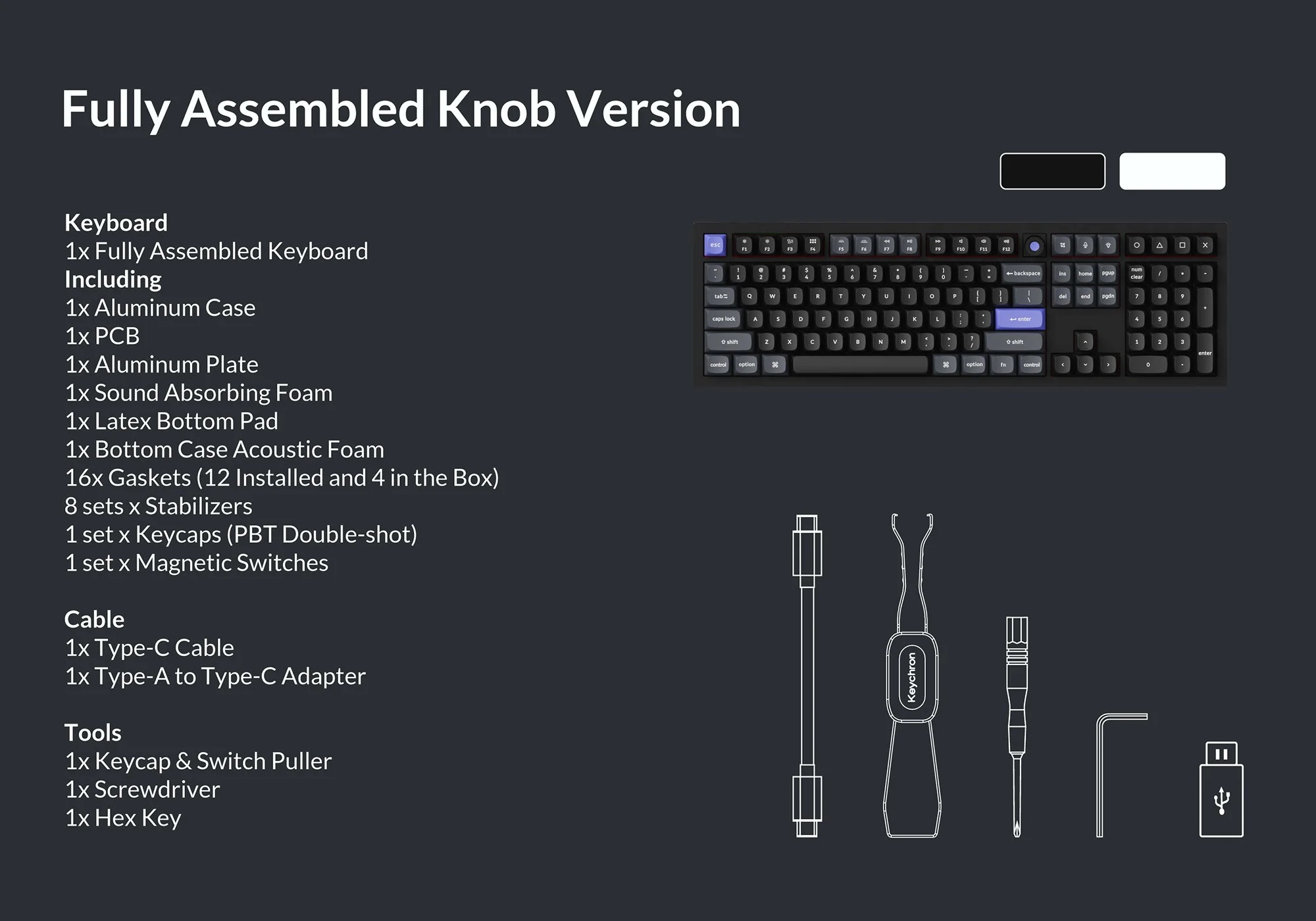 W pełni zmontowana klawiatura z narzędziami: klawiatura, kabel, ściągacz klawiszy, śrubokręt, klucz imbusowy.