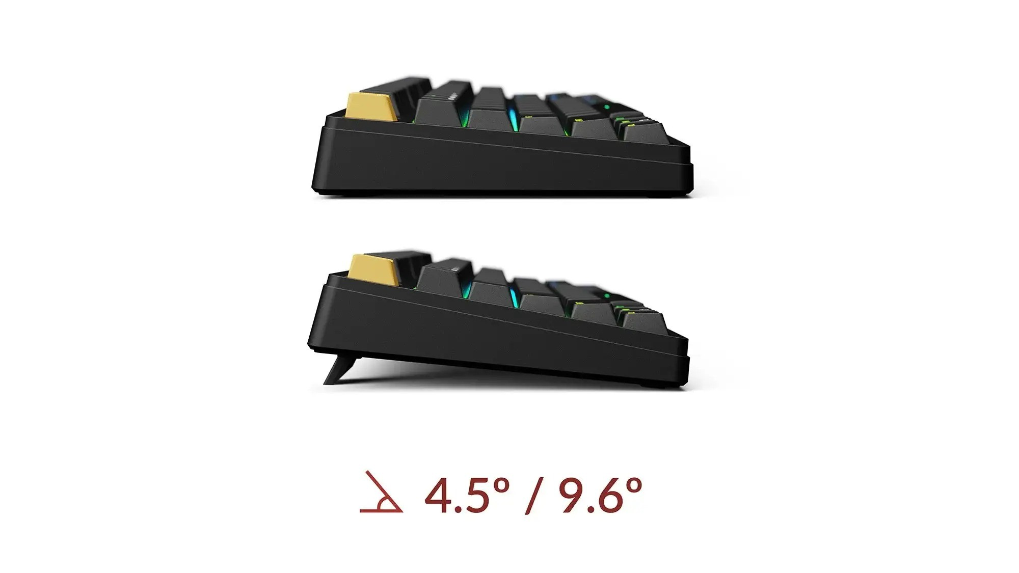 Czarna klawiatura z żółtym klawiszem ESC, niebieskim podświetleniem, płaska i ze stojakiem.