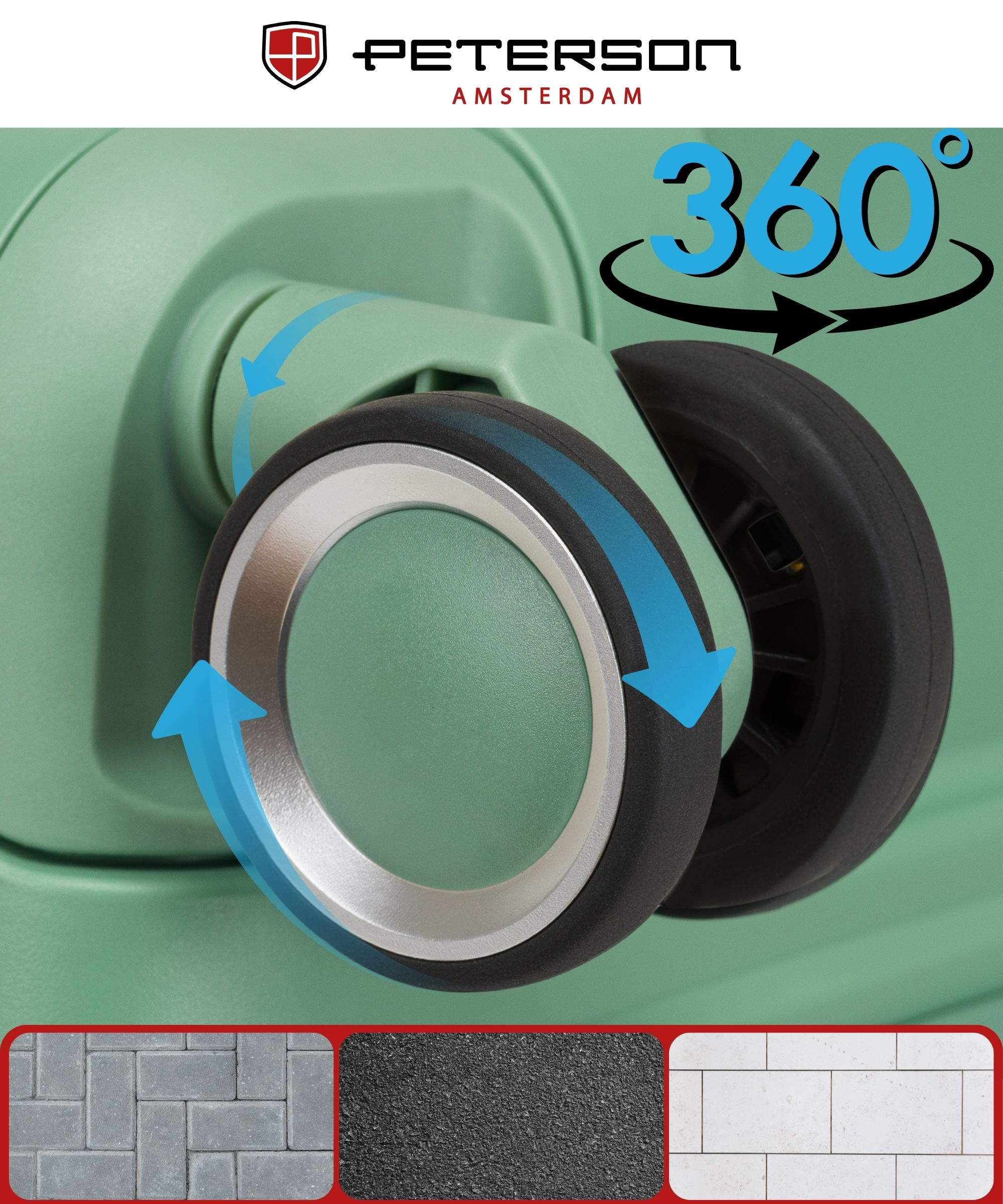 Zielone koło walizki z grafiką obrotu 360° i próbkami tekstur.