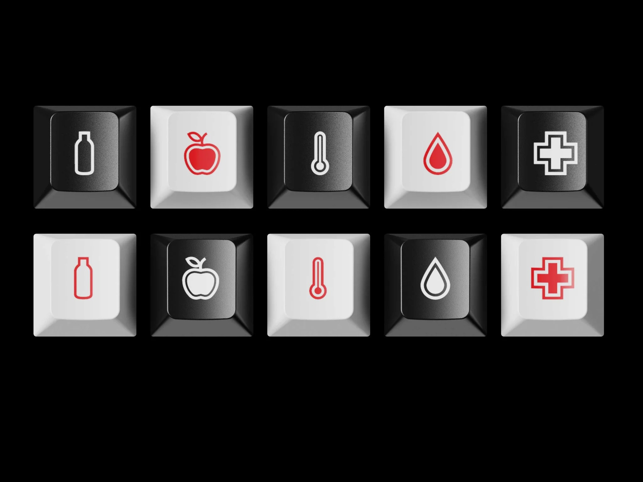 Dziesięć klawiszy z ikonami: butelka, jabłko, termometr, kropla, krzyż.