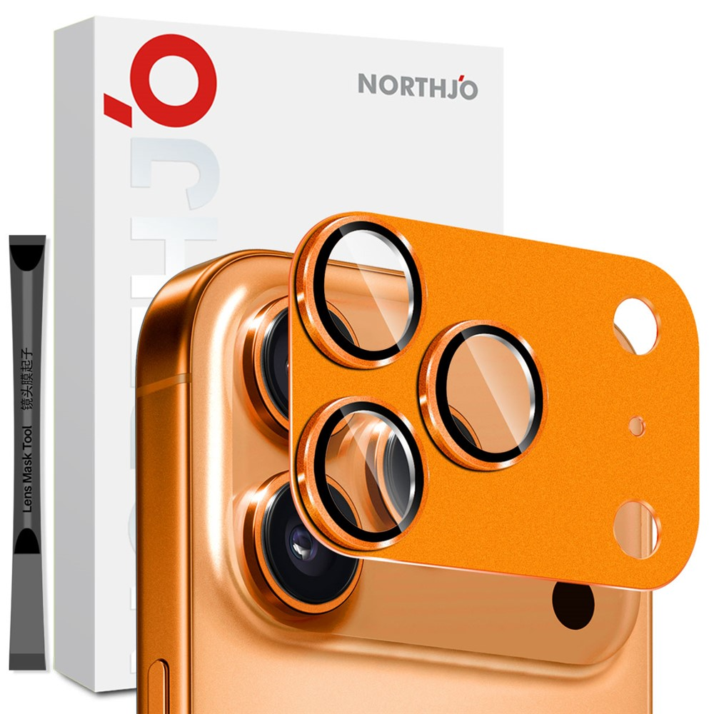 Protecteur d'objectif de caméra orange sur un téléphone doré, avec emballage et outil.