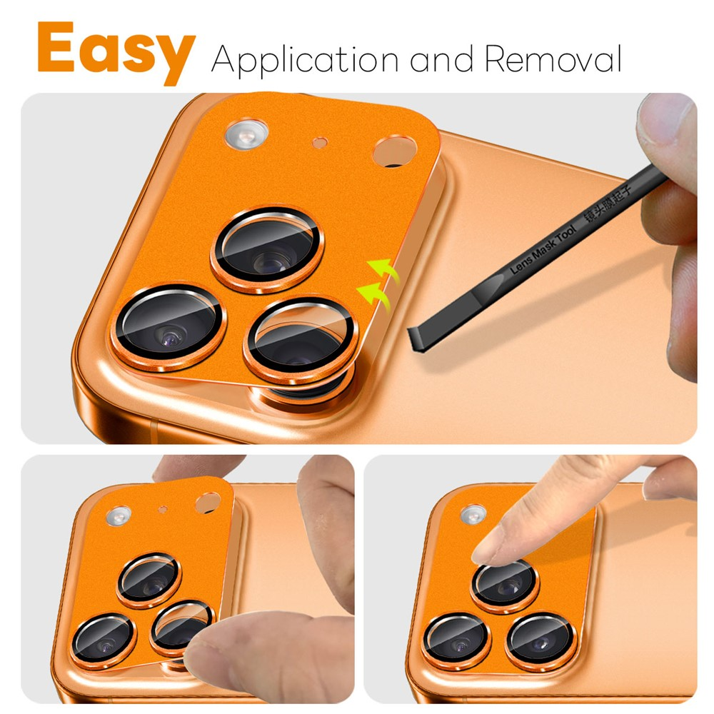 Un smartphone orange avec trois objectifs d'appareil photo appliqué avec un outil et des doigts.
