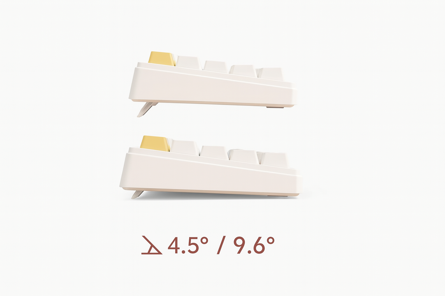 Dwa białe klawiatury z żółtym klawiszem, każda lekko nachylona. 4,5°/9,6°.