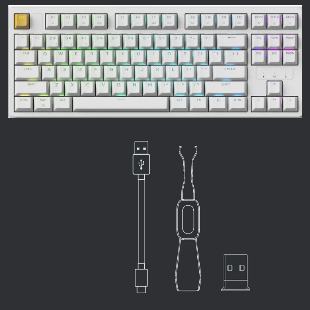 Biała klawiatura RGB z akcesoriami: kabel USB, narzędzie i adapter.