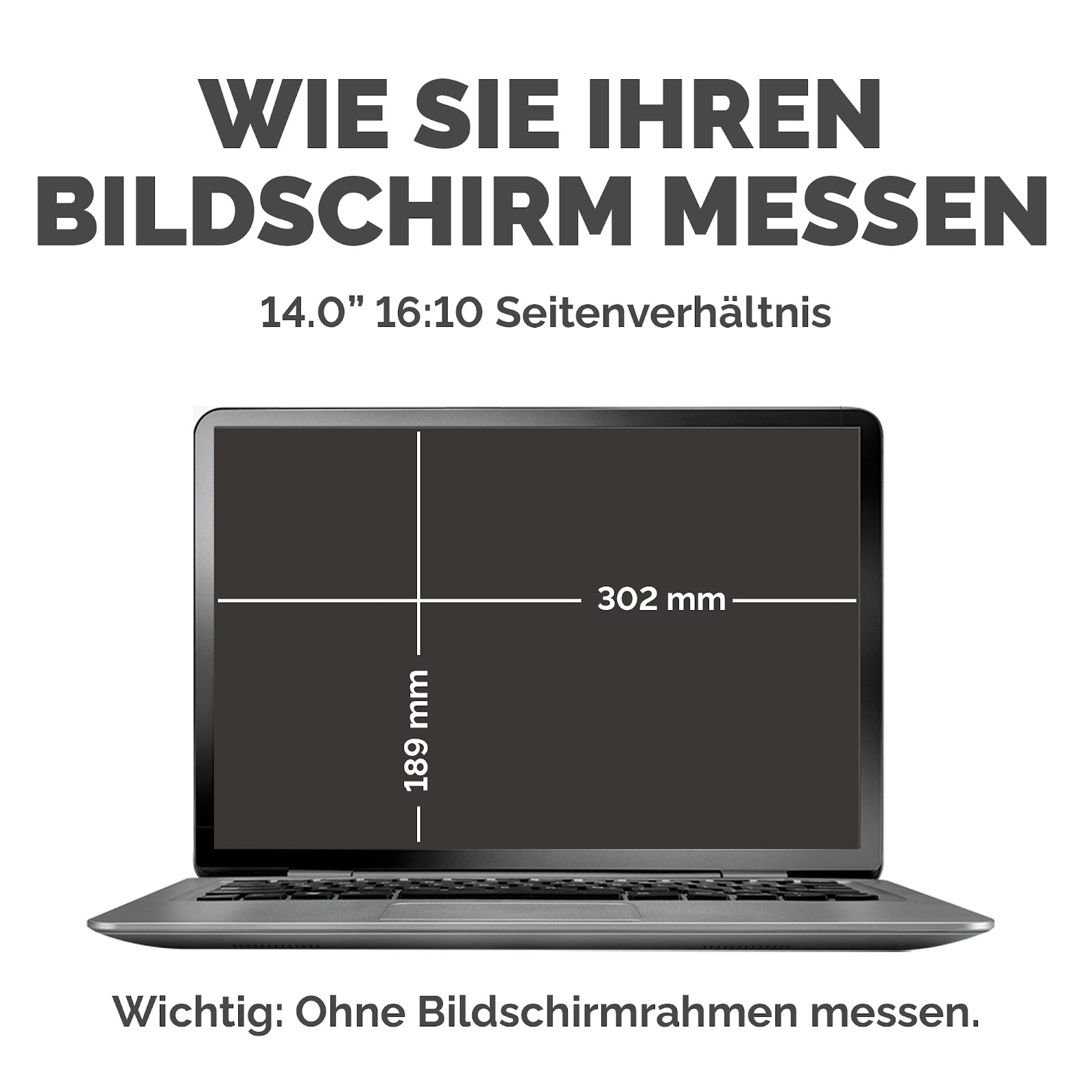 Schermo di un laptop con dimensioni 302mm x 189mm, 14 pollici, formato 16:10.
