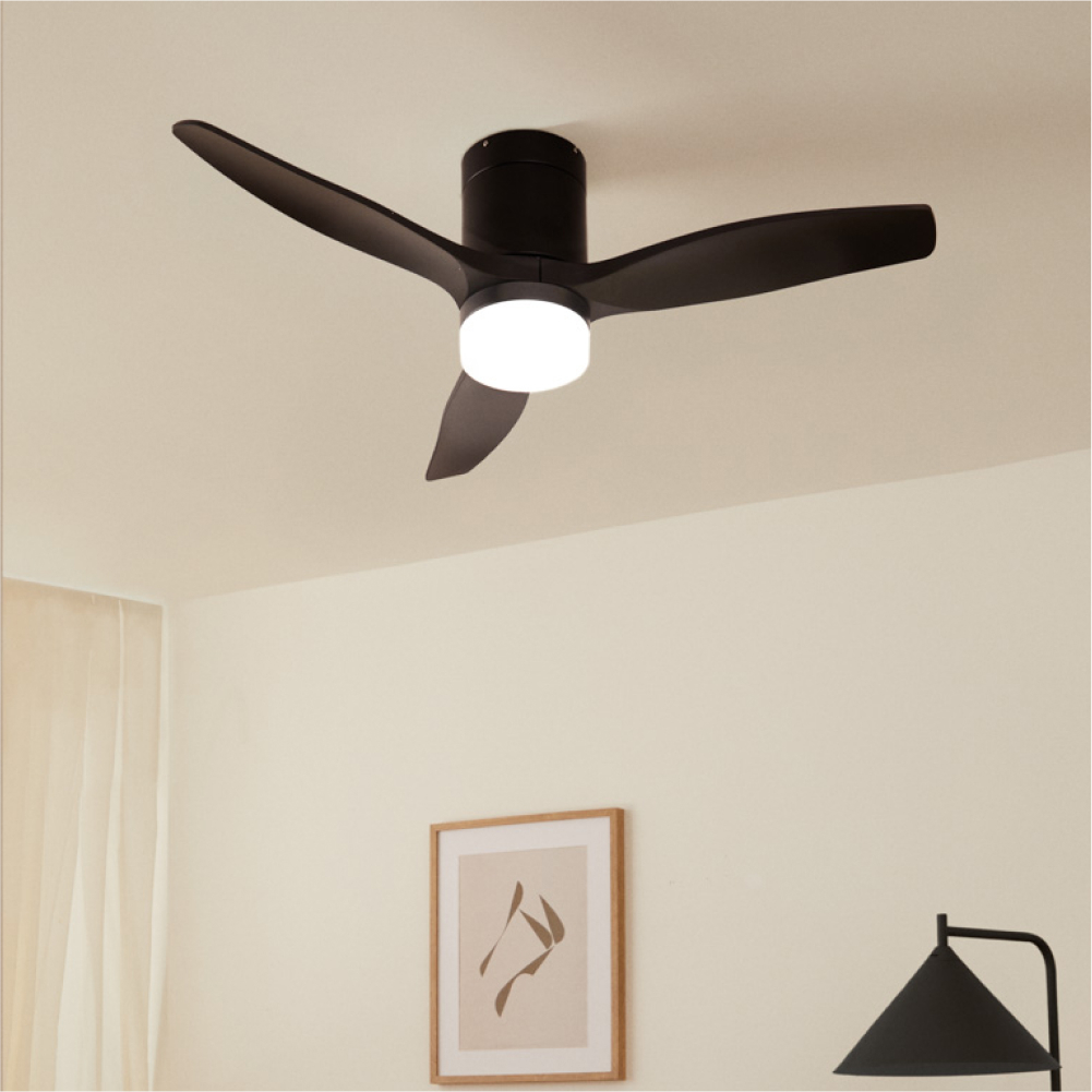 Un ventilador de techo oscuro con luz sobre un cuadro enmarcado y una lámpara.