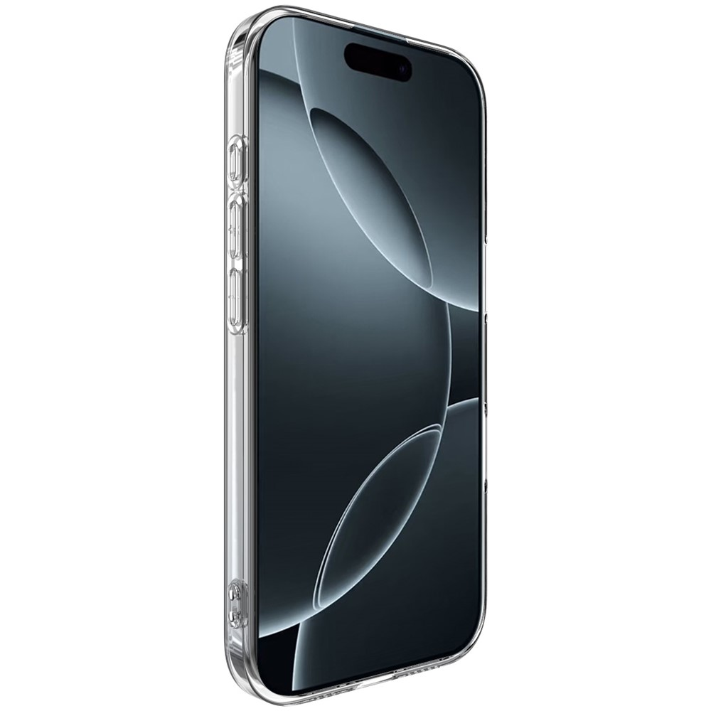 Una cover trasparente per telefono vista di lato con uno sfondo scuro.