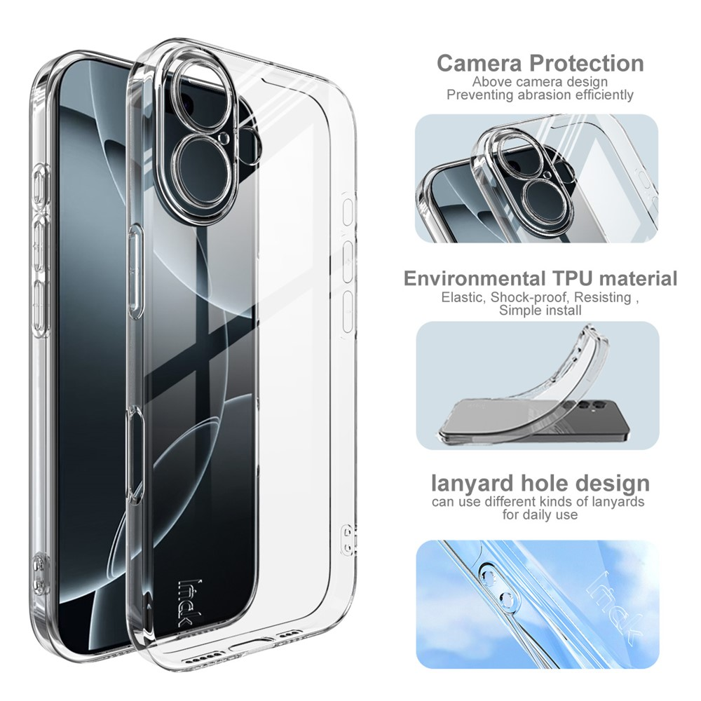 Custodia trasparente per telefono con protezione fotocamera e laccetto.
