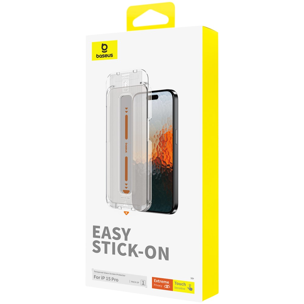 Emballage pour un protecteur d'écran iPhone 15 Pro avec aide à la pose.