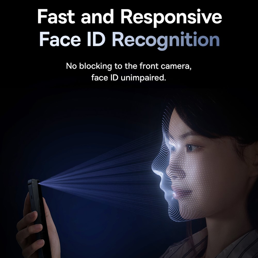 Un smartphone scanne un visage avec des lignes bleues pour la reconnaissance faciale.