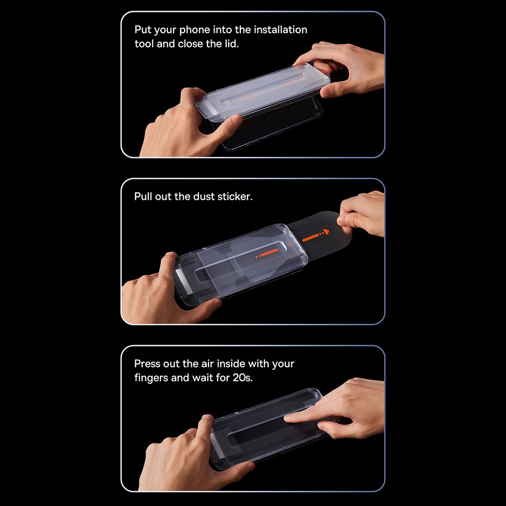 Un téléphone est placé dans un outil, un autocollant est retiré.