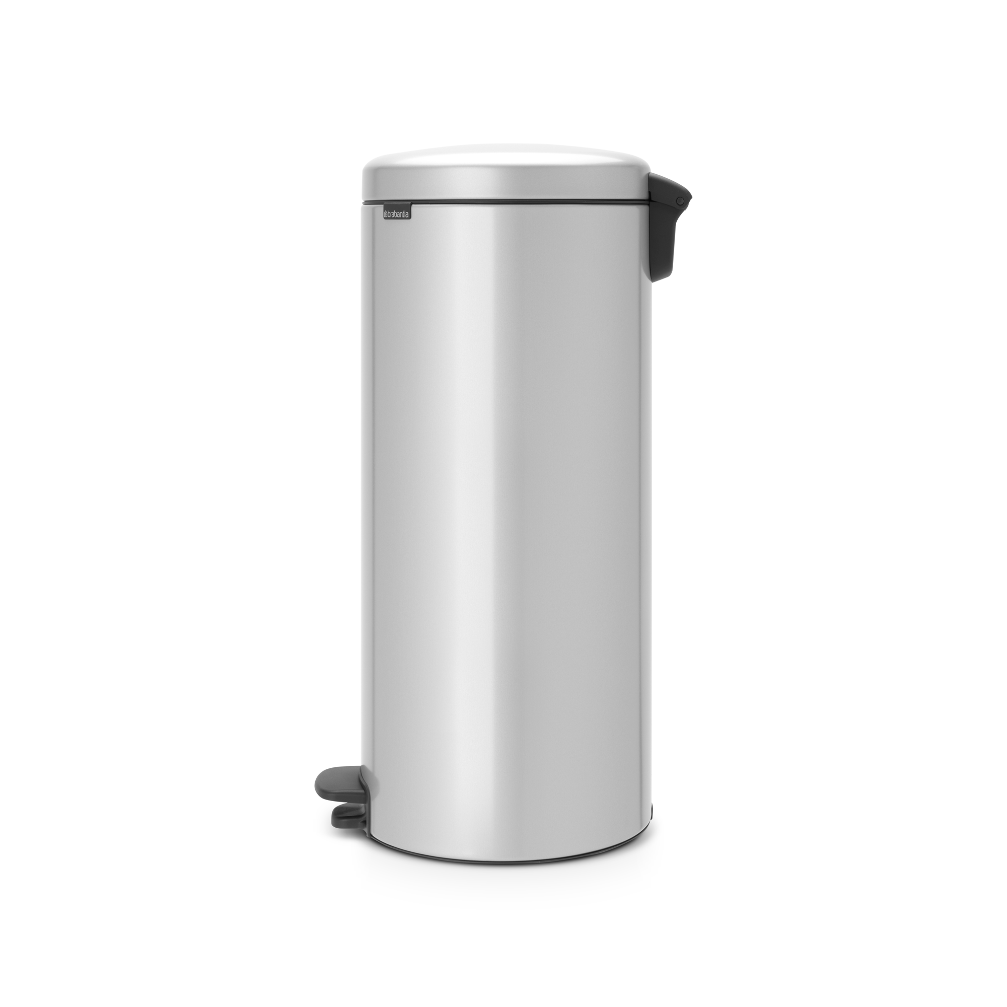 A silver trash can with a silver lid and a black foot pedal.