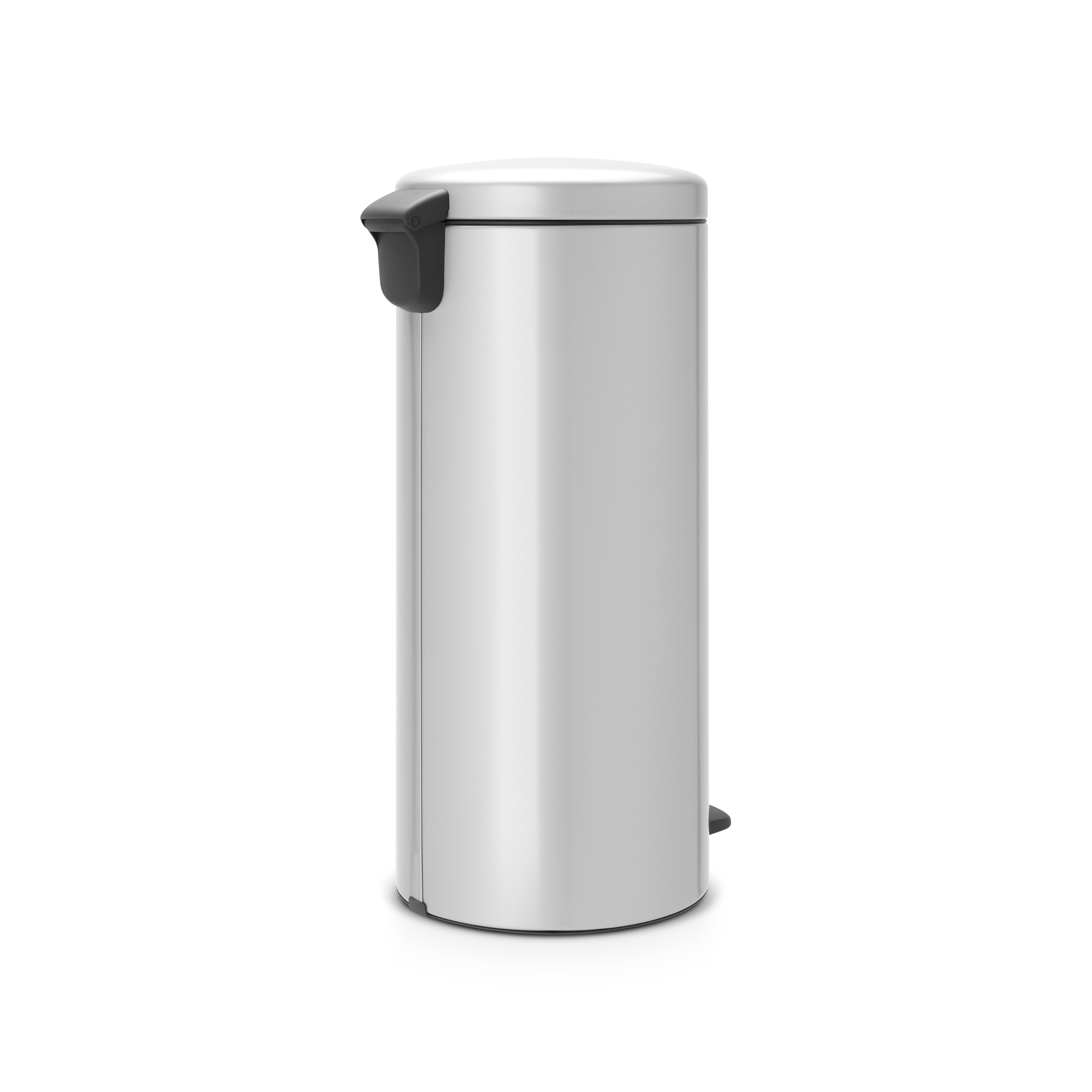 A silver pedal bin with a black handle and pedal stands against a white background.