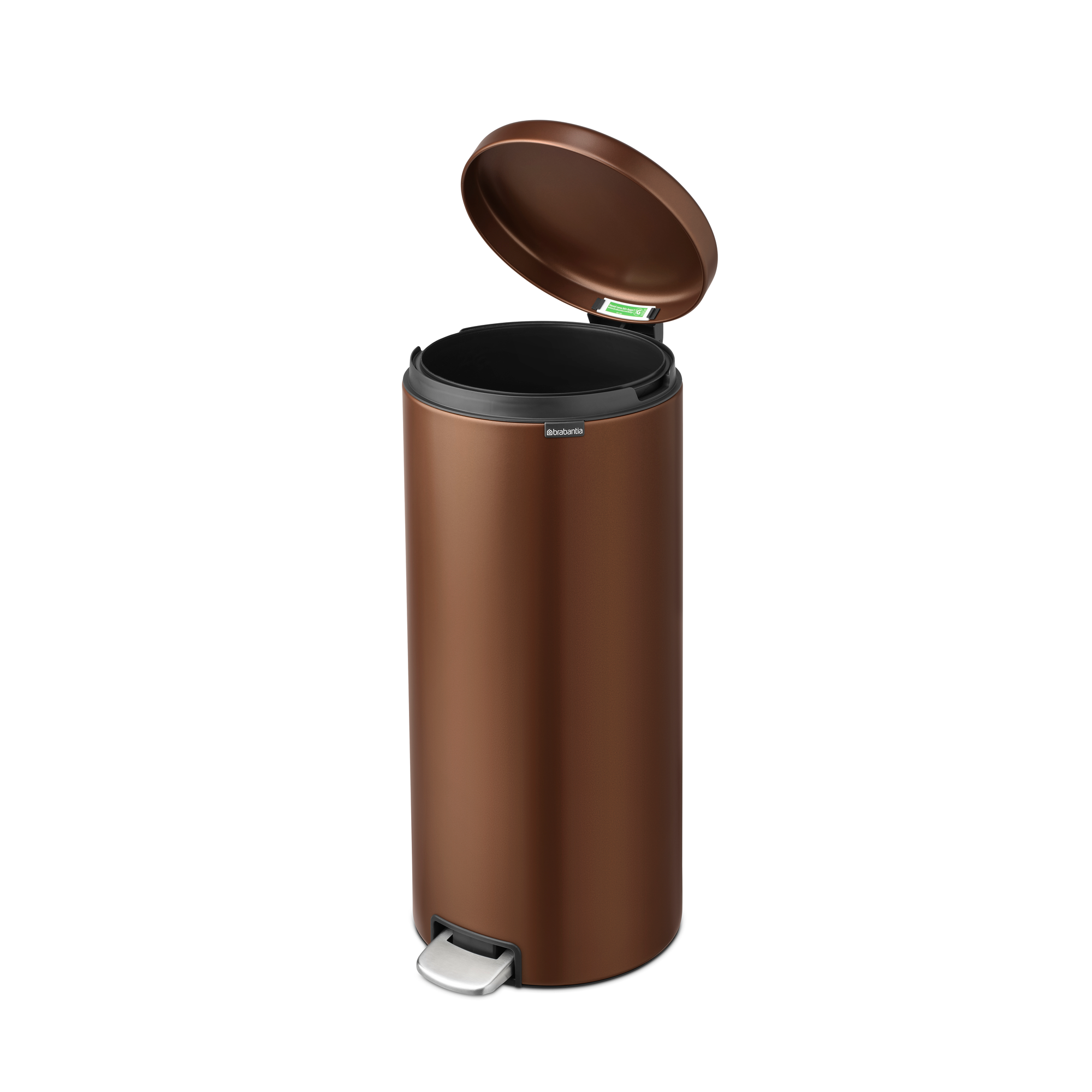 Brown trash can with open lid and silver pedal on a white background.