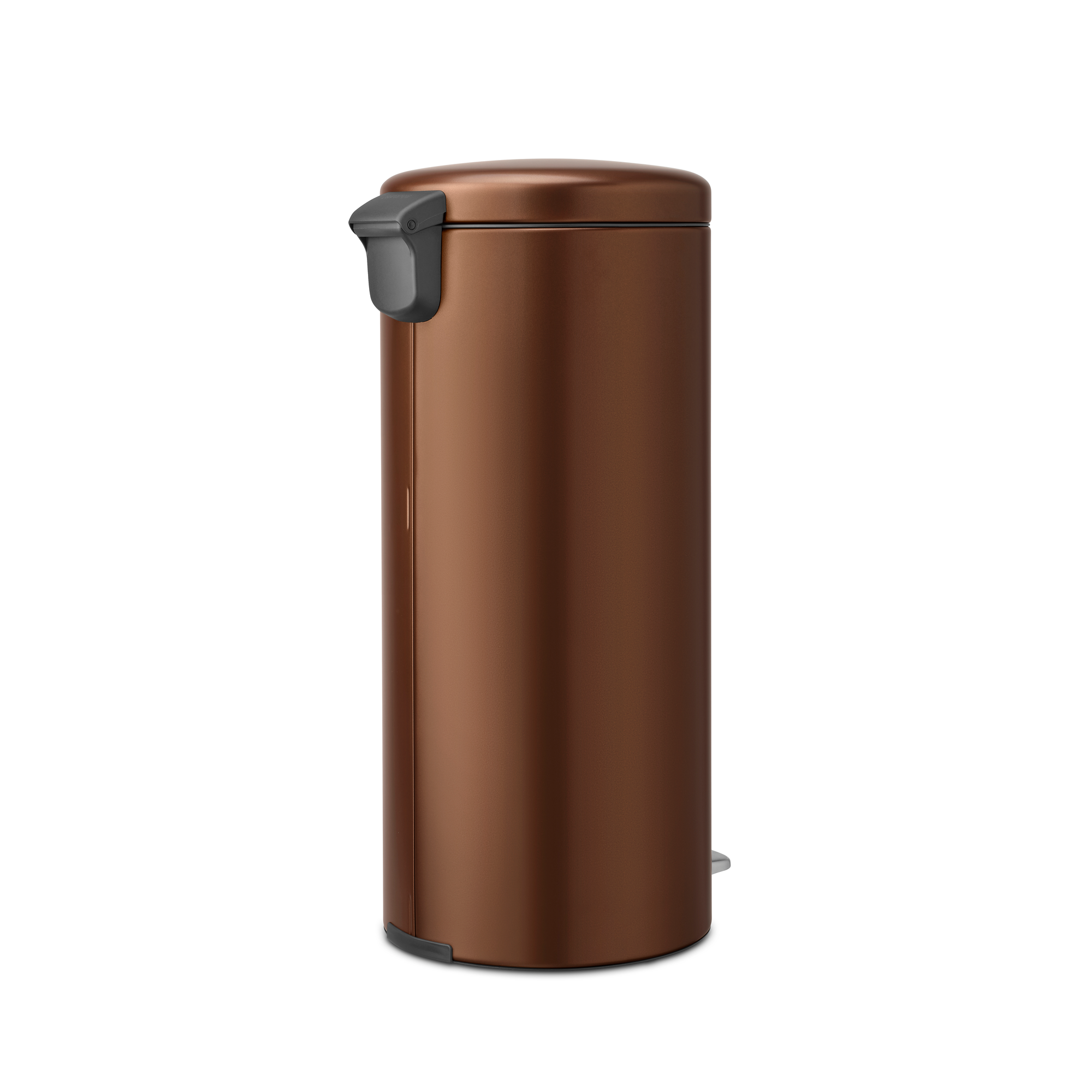 A bronze-colored trash can with a pedal and gray handle against a white background.