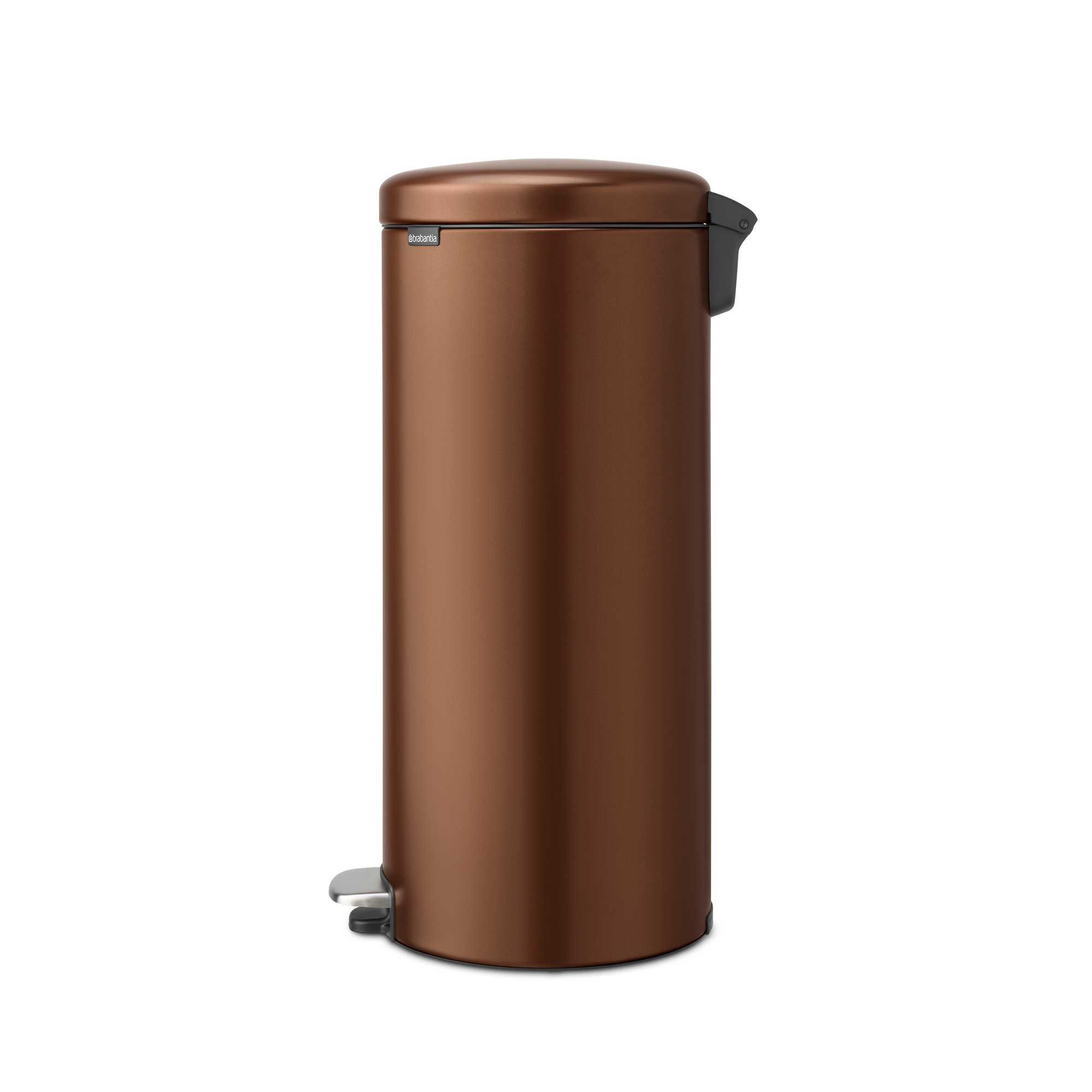A brown pedal bin with a silver pedal and black handle.