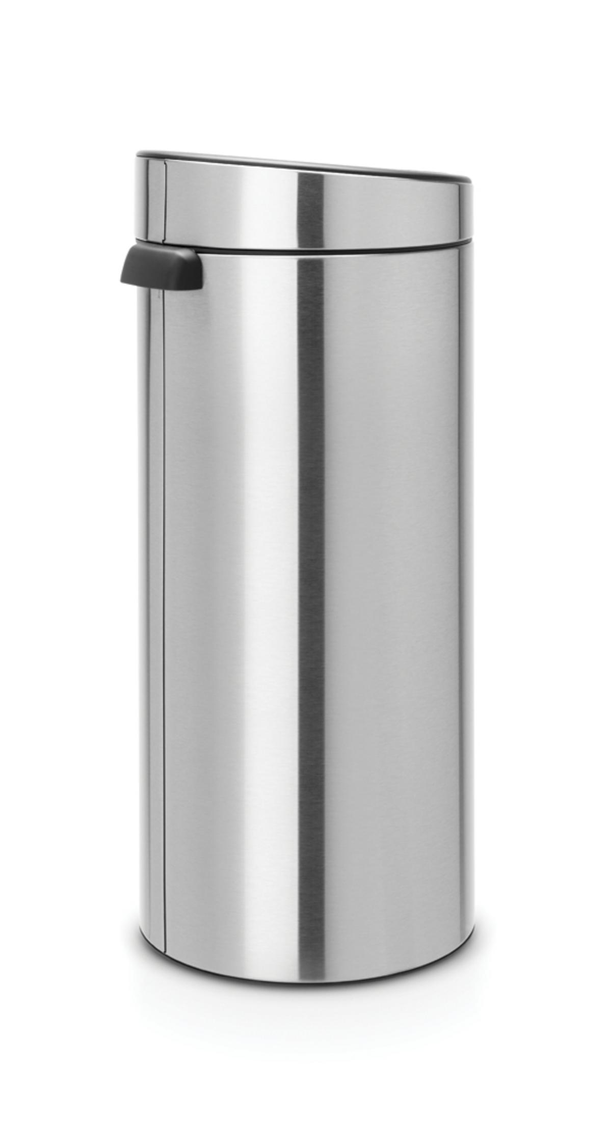 A silver trash can with a black handle and lid.