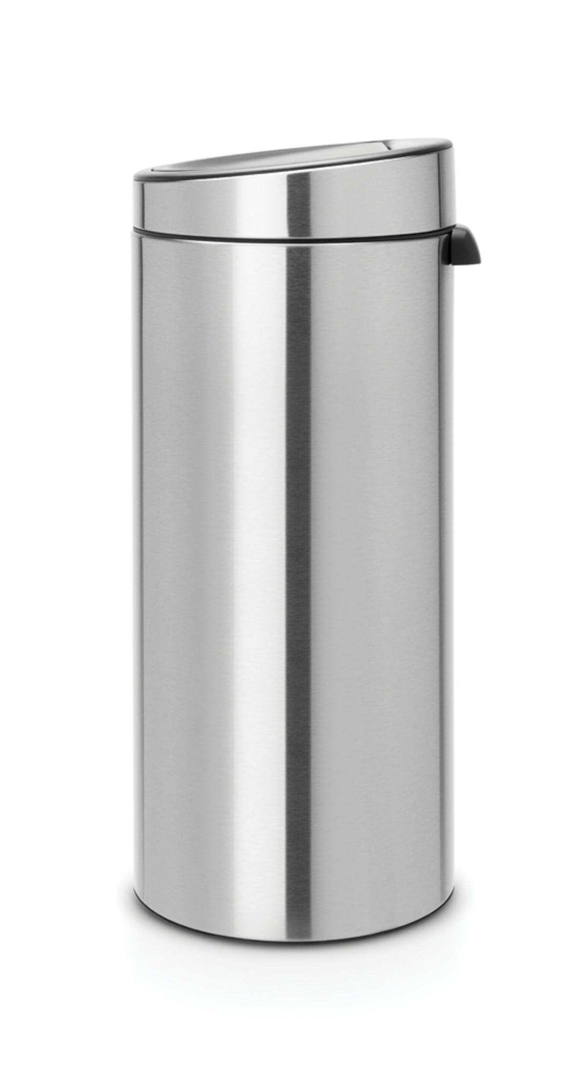 A cylindrical brushed stainless steel trash can with a black lid.