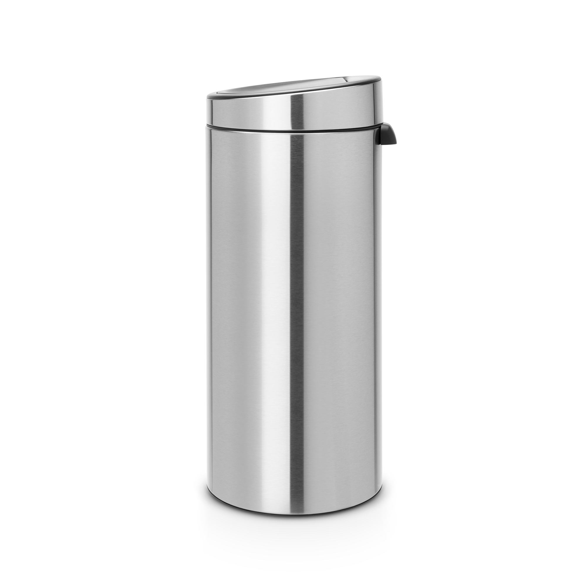 A sleek, cylindrical brushed stainless steel trash can with a silver flip-top lid.