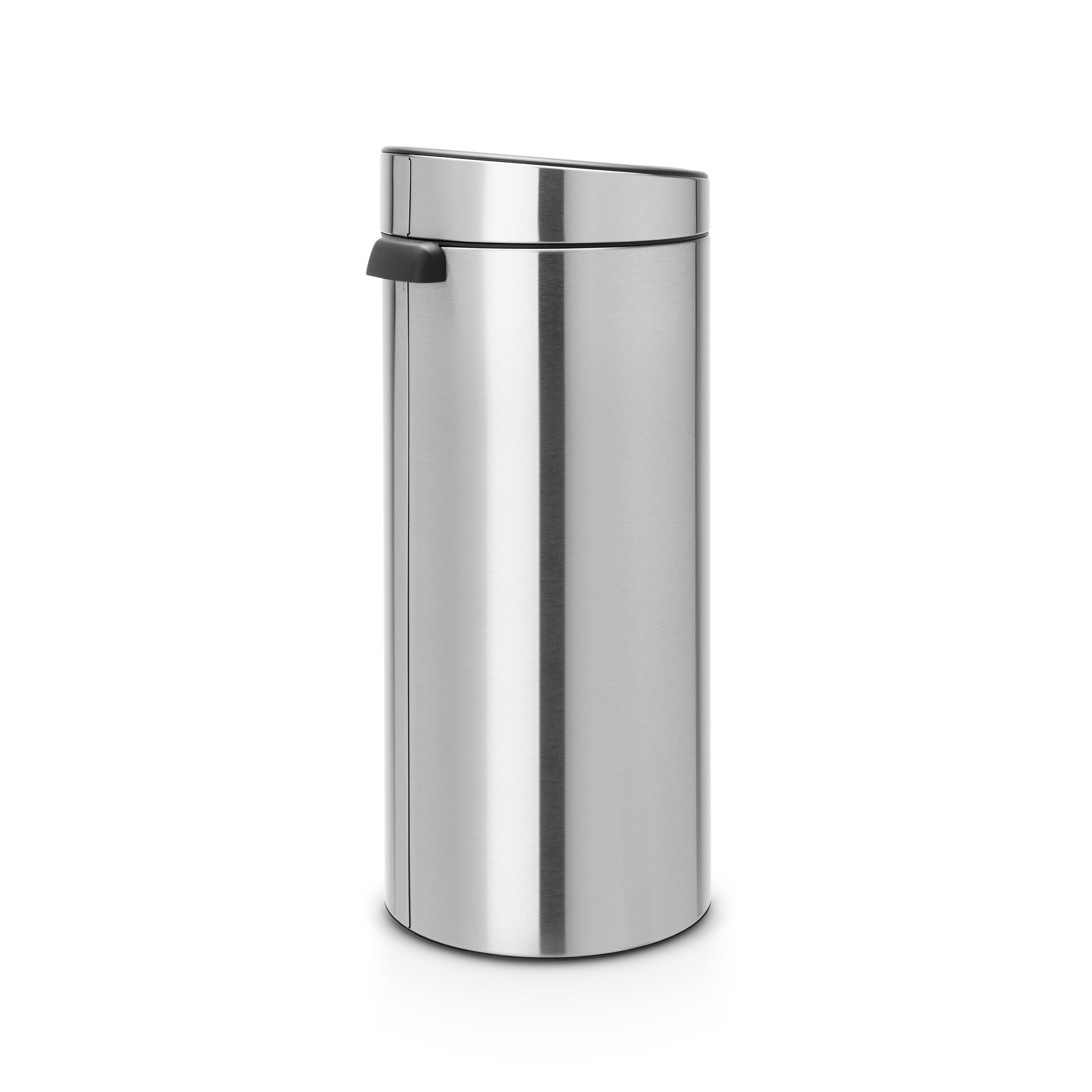 A sleek, silver-colored trash can with a black handle and lid.