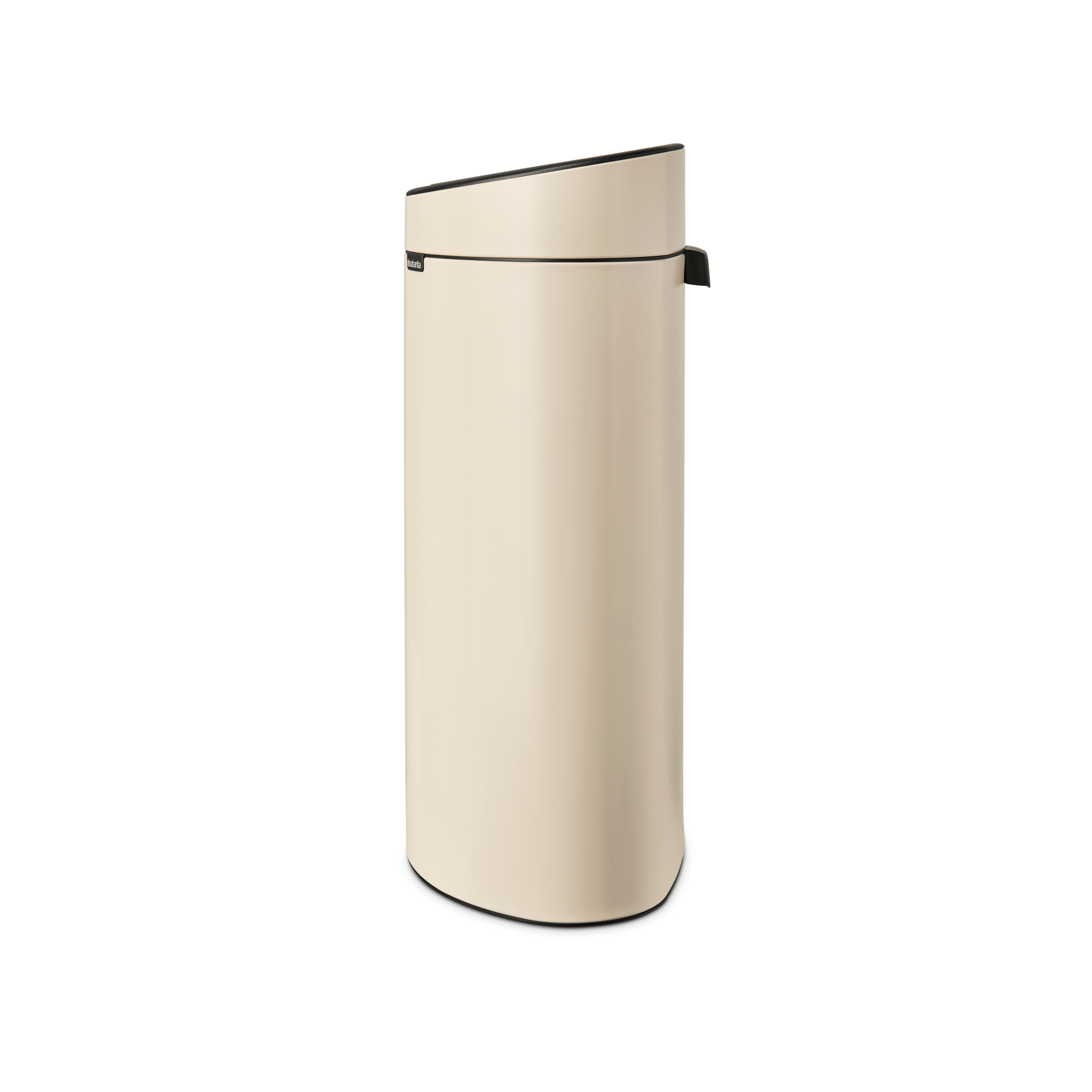 A cream-colored trash can with a black lid and handle.