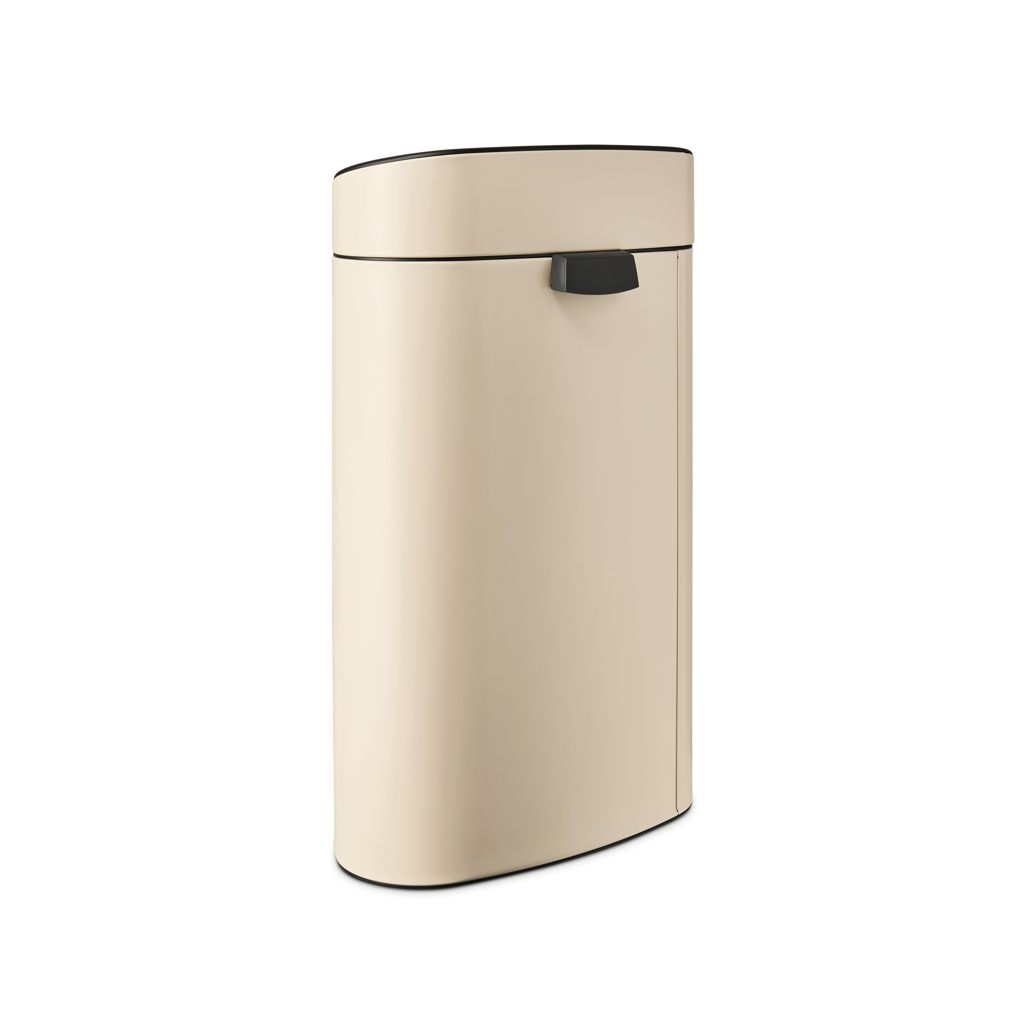 A beige trash can with a black lid rim and handle.