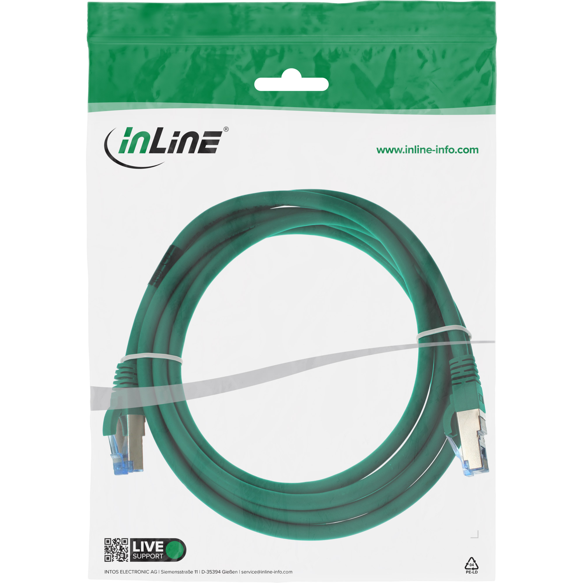 Cavo di rete verde con connettori RJ45 in confezione.