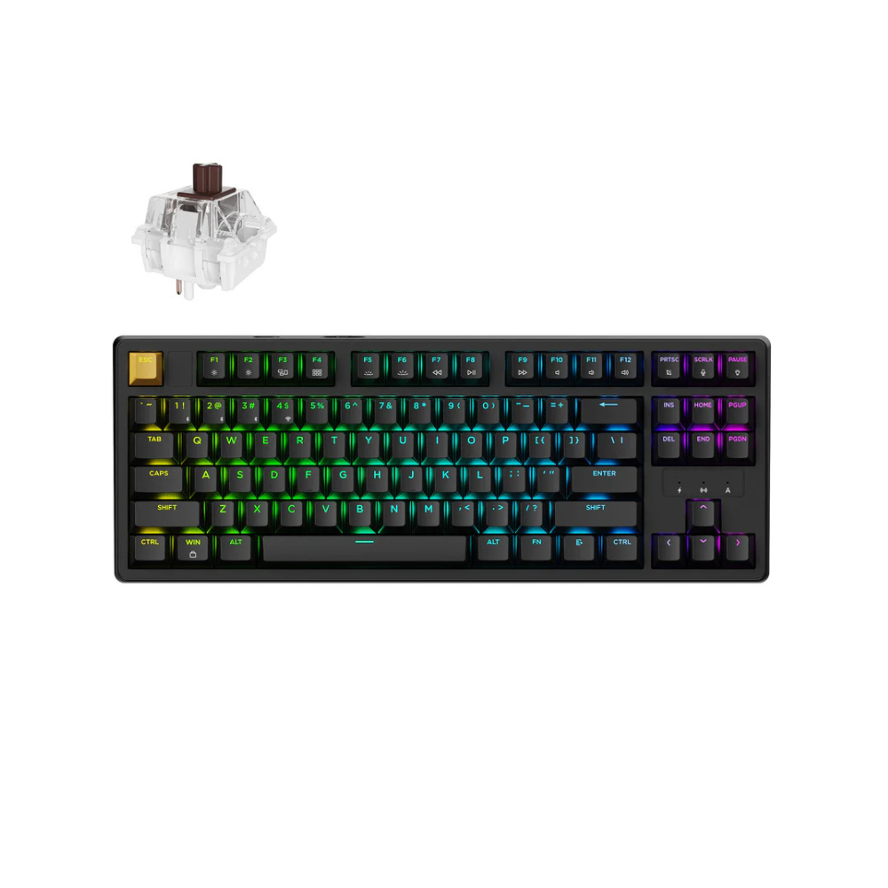 Mechaniczny przełącznik klawiatury i czarna klawiatura z podświetleniem RGB.