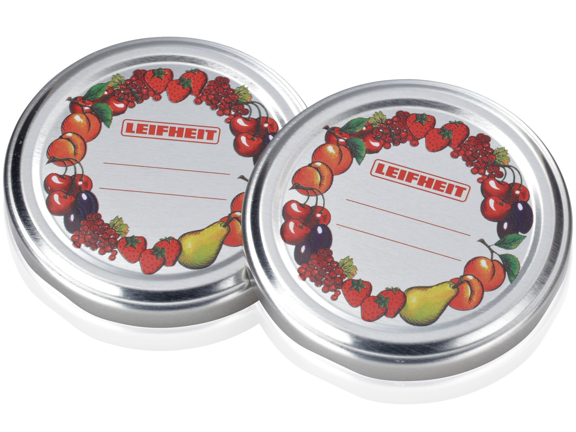 Zwei silberne Deckel mit Fruchtmuster und dem Leifheit-Logo.