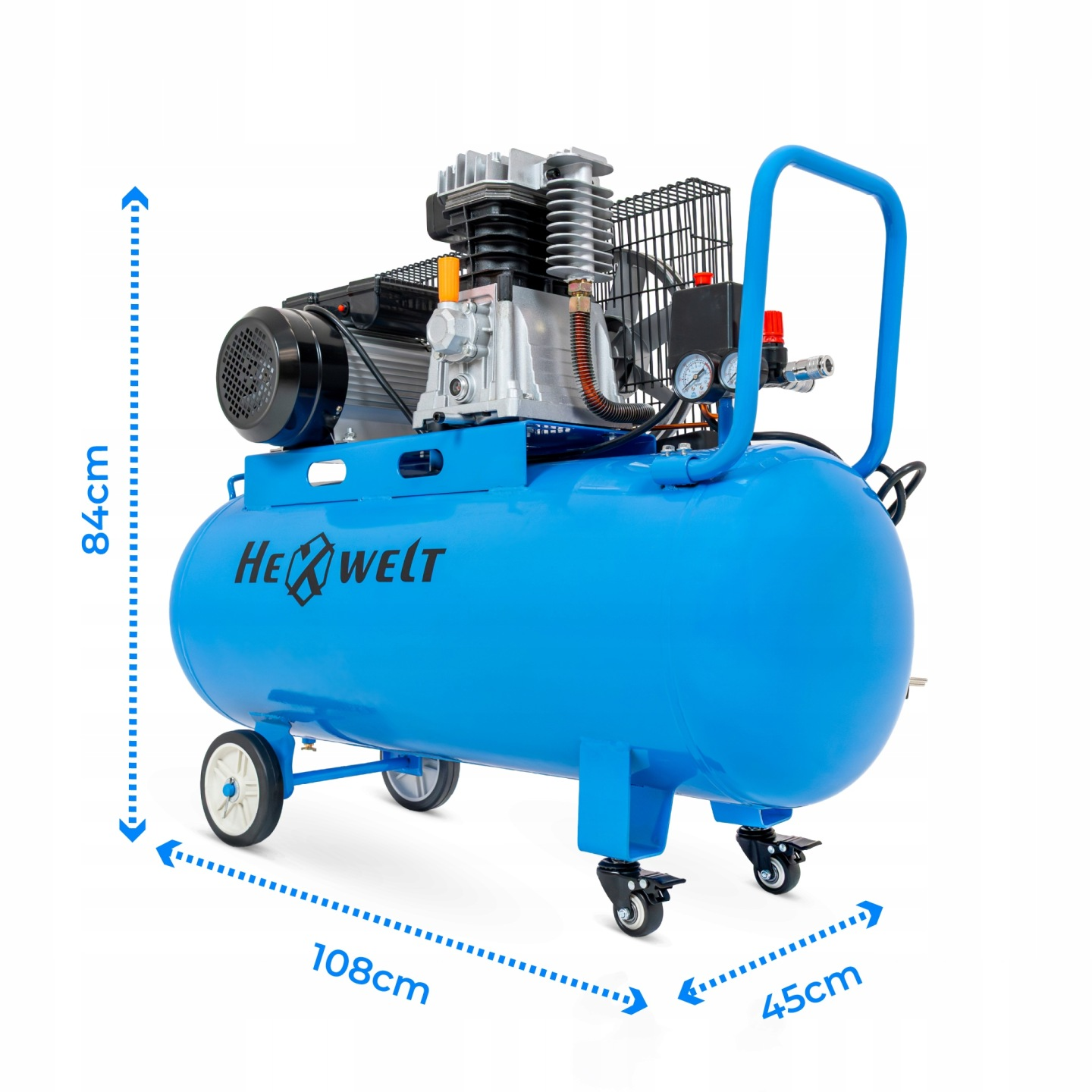 Niebieski kompresor powietrza z kołami i uchwytem. Wymiary: 108x84x45cm.