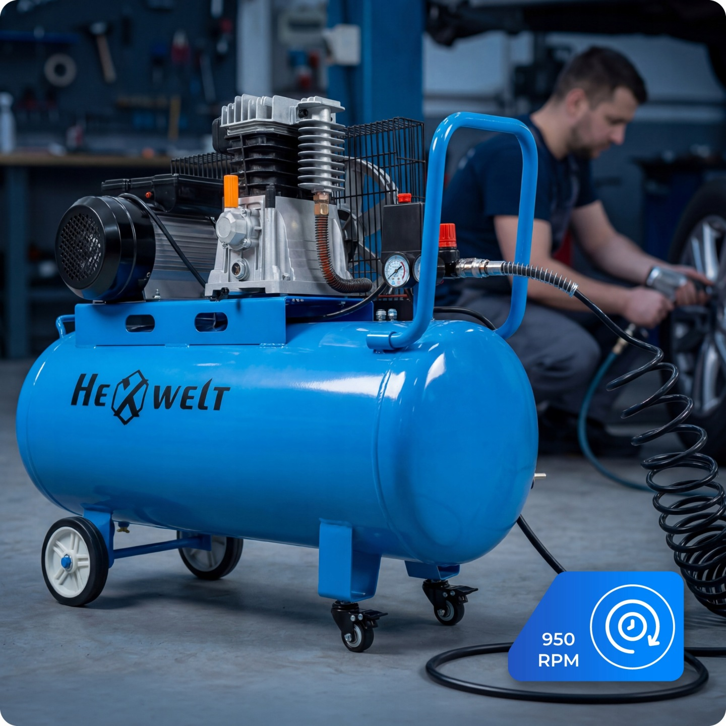 Niebieski kompresor powietrza z kołami na pierwszym planie, mężczyzna naprawia samochód w tle.