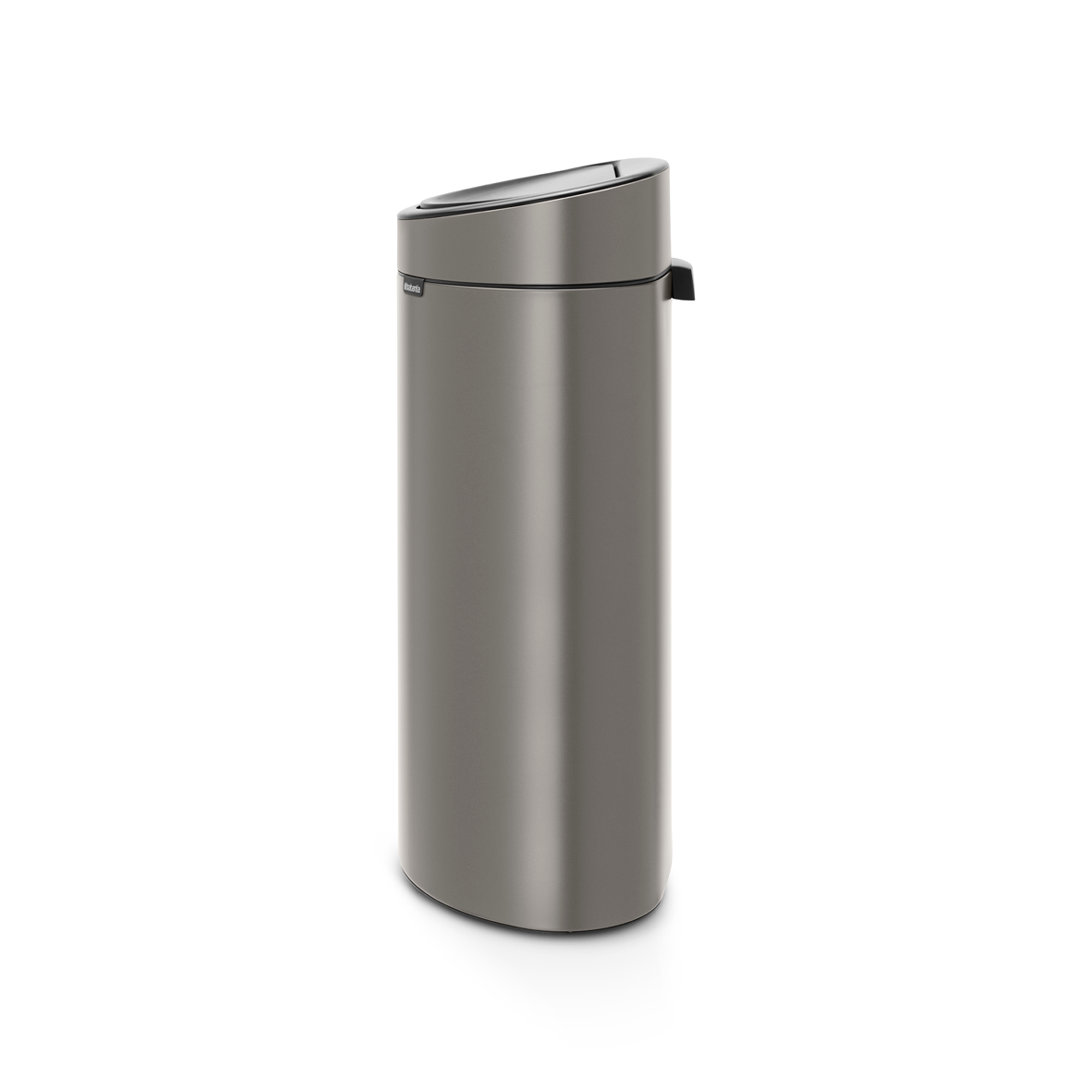 A sleek, gray trash can with a rounded base and a slanted lid.