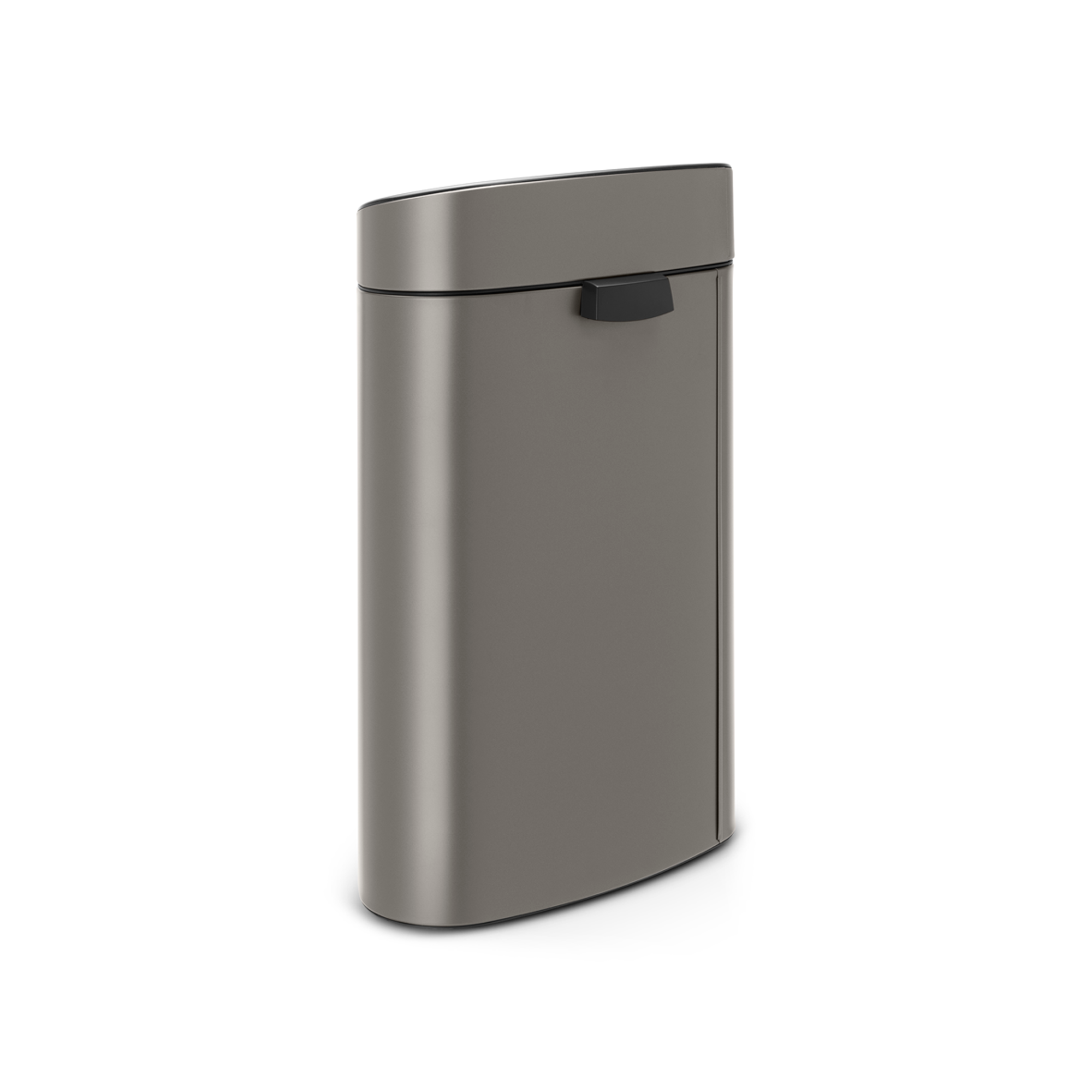 A gray rectangular trash can with a black handle and rounded corners.
