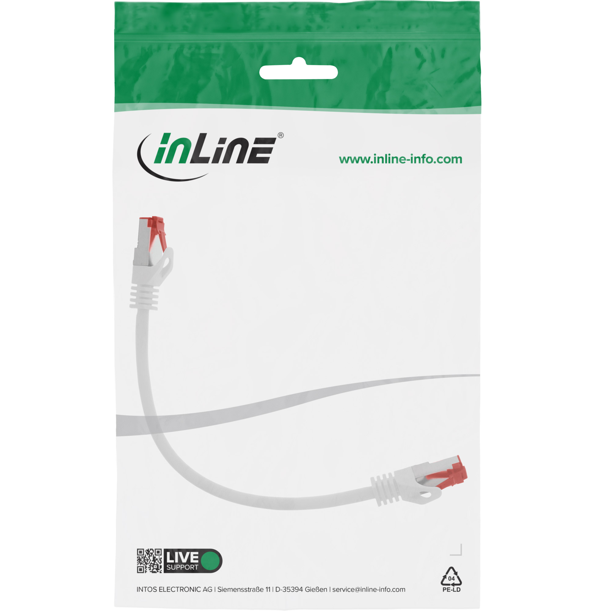 Cavo Ethernet bianco con connettori rossi in confezione a striscia verde.