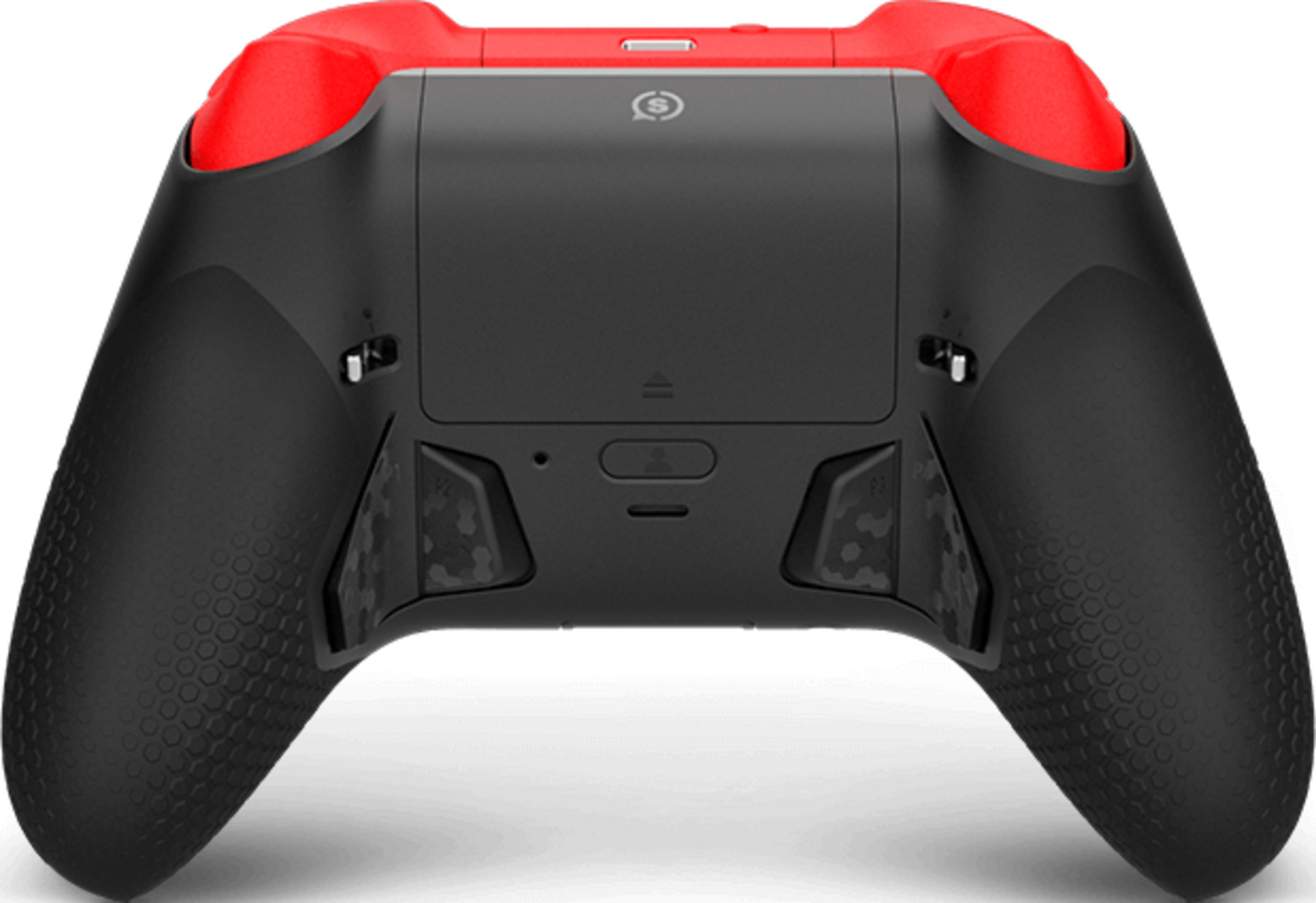 Retro di un controller nero con accenti rossi e texture esagonale.