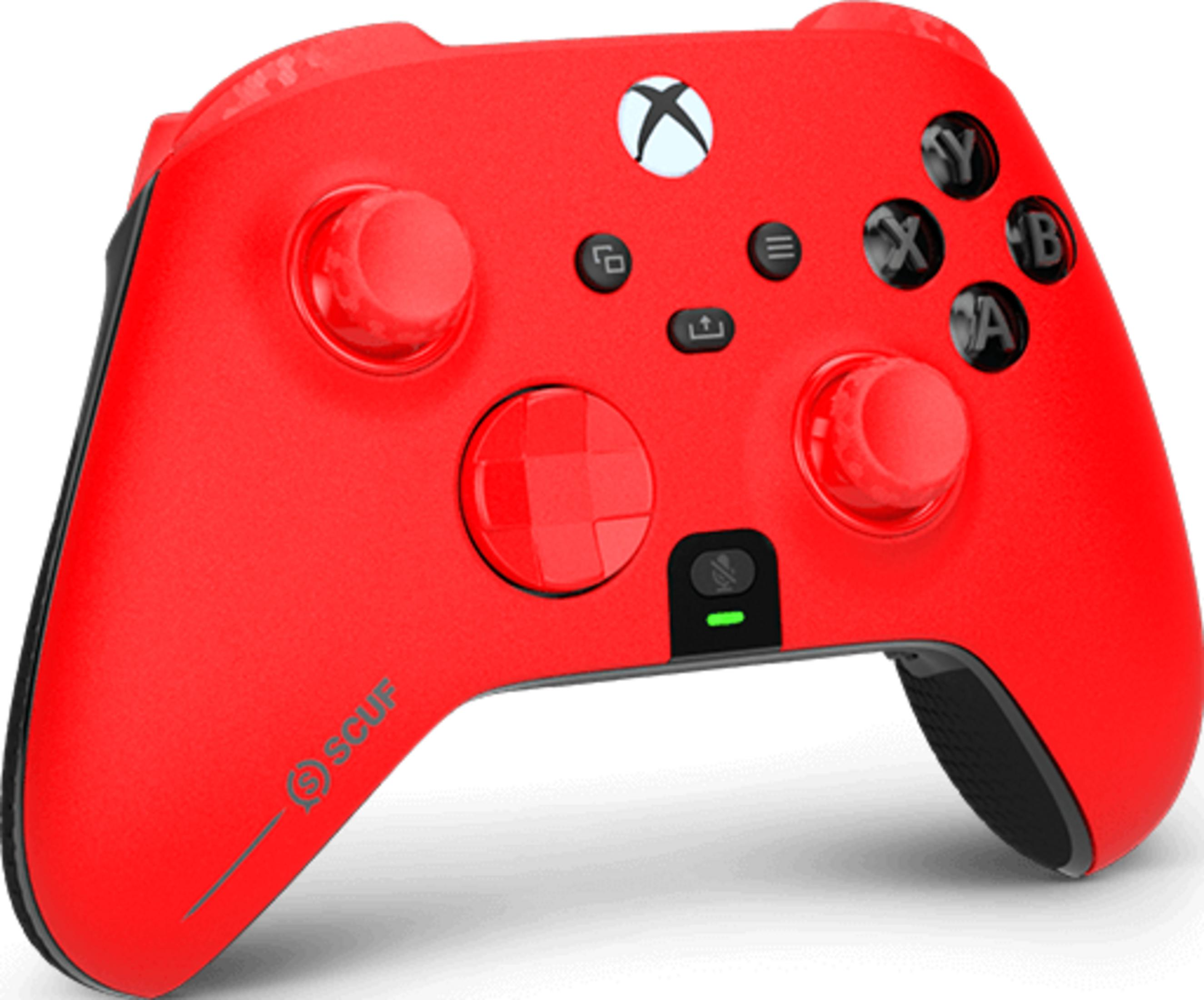 Un controller Xbox rosso con accenti neri, su sfondo bianco.